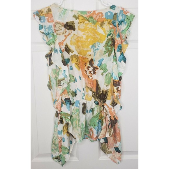 Sundance Silk Small Ruffle Blouse Tank Paint Stroke Abstract Top Shell - Picture 4 of 5